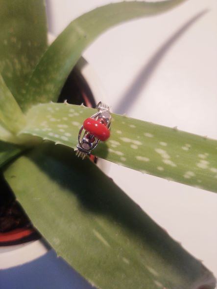 Red Glass with Silver Wire Wrap Ring