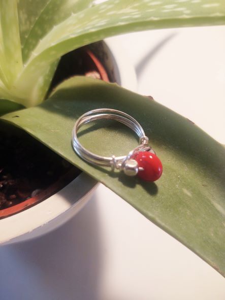 Red Glass with Silver Wire Wrap Ring