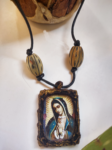 Virgen Mary with Wood on Waxed Linen