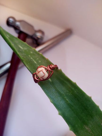 Carved Bone Copper Wire Wrap Ring